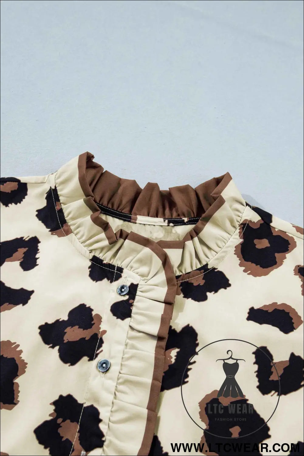 Khaki Plus Size Leopard Print Frilled Color Block Trim Button Down Short Sleeve Blouse