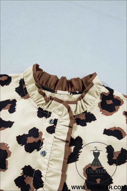 Khaki Plus Size Leopard Print Frilled Color Block Trim Button Down Short Sleeve Blouse