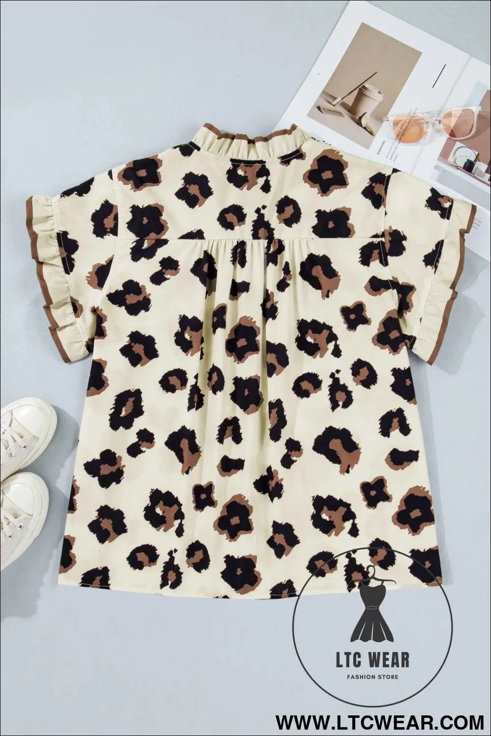 Khaki Plus Size Leopard Print Frilled Color Block Trim Button Down Short Sleeve Blouse