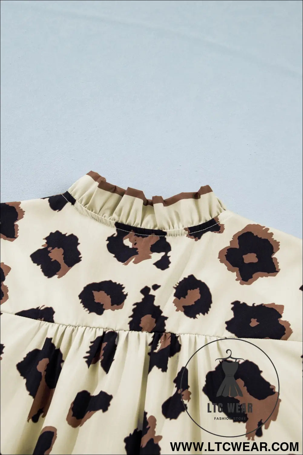 Khaki Plus Size Leopard Print Frilled Color Block Trim Button Down Short Sleeve Blouse - L.T.C Wear Online Fashion Store