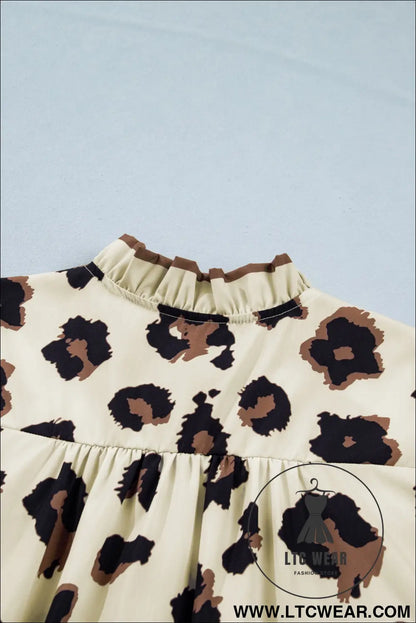 Khaki Plus Size Leopard Print Frilled Color Block Trim Button Down Short Sleeve Blouse - L.T.C Wear Online Fashion Store