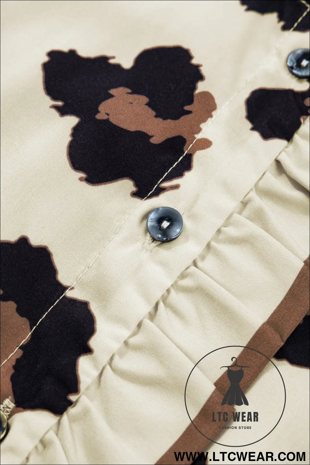 Khaki Plus Size Leopard Print Frilled Color Block Trim Button Down Short Sleeve Blouse - L.T.C Wear Online Fashion Store