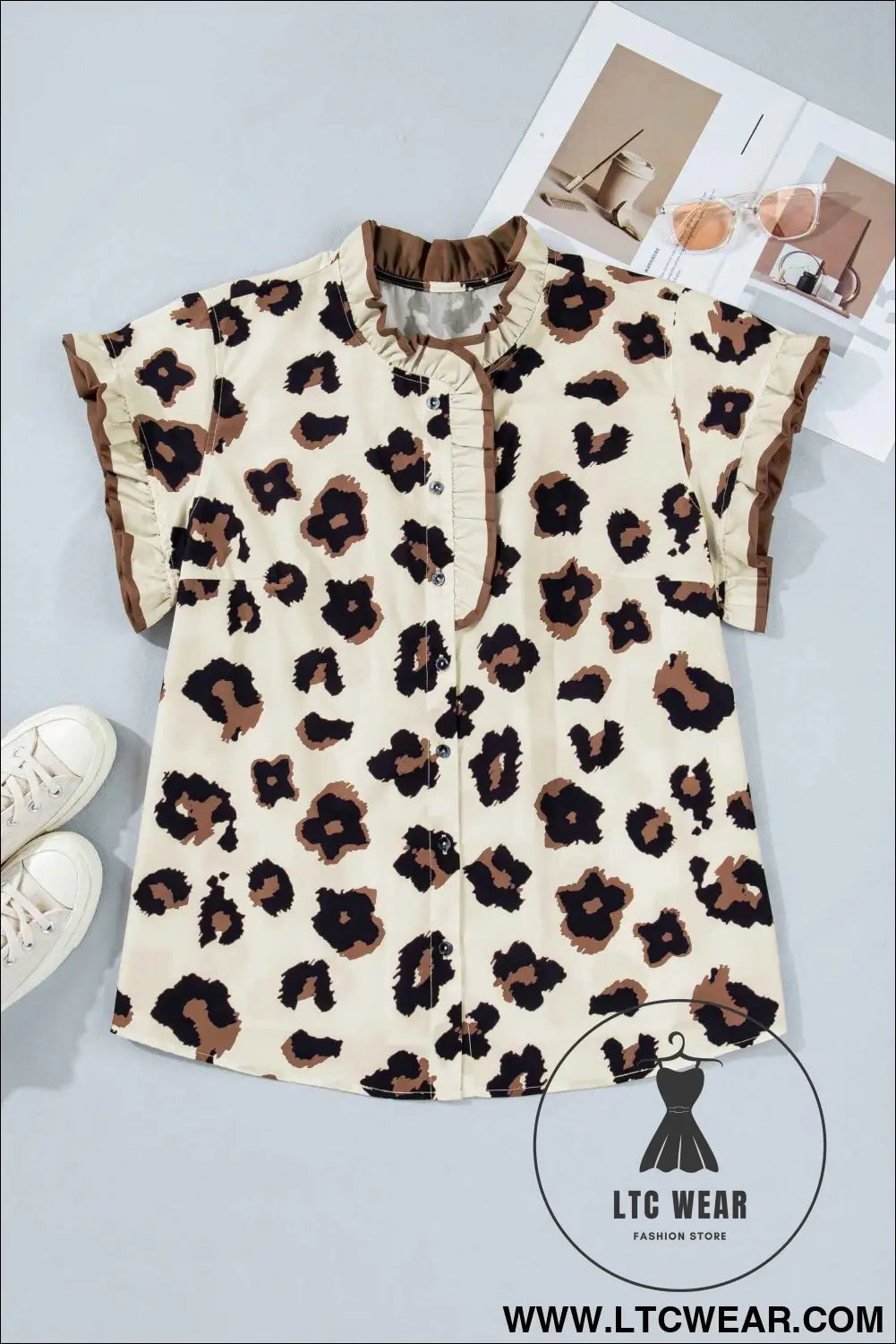 Khaki Plus Size Leopard Print Frilled Color Block Trim Button Down Short Sleeve Blouse