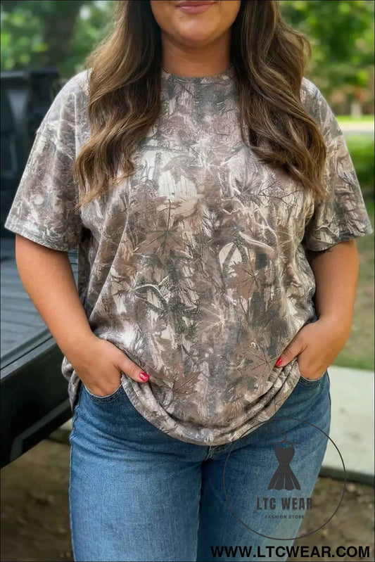 Khaki Plus Size Woodland Camouflage Print T Shirt