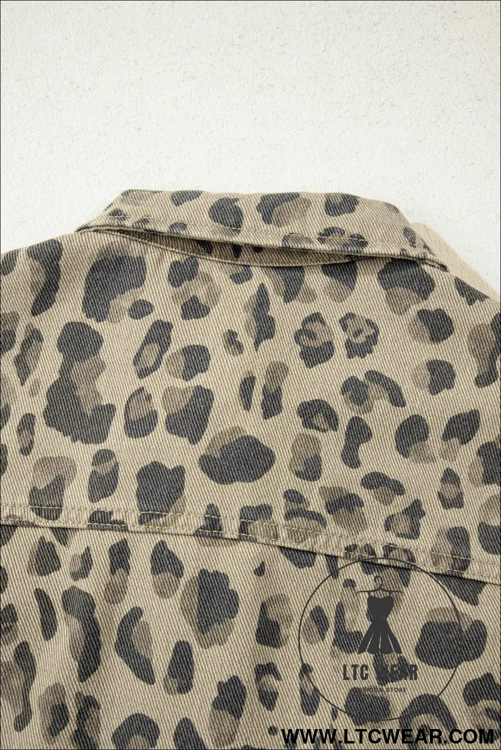 Khaki retro leopard print seam detail button down denim jacket - denim jackets