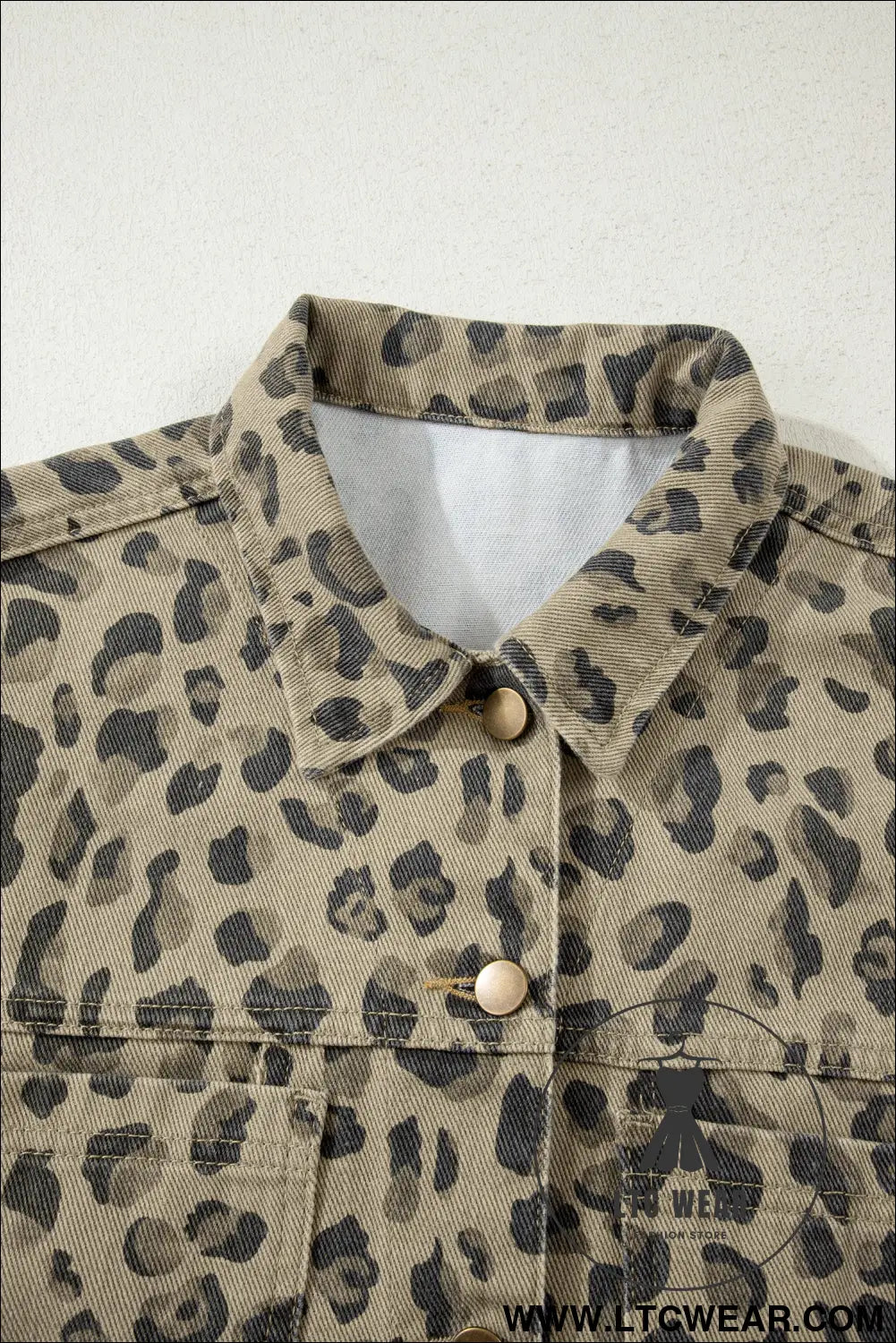 Khaki retro leopard print seam detail button down denim jacket - denim jackets