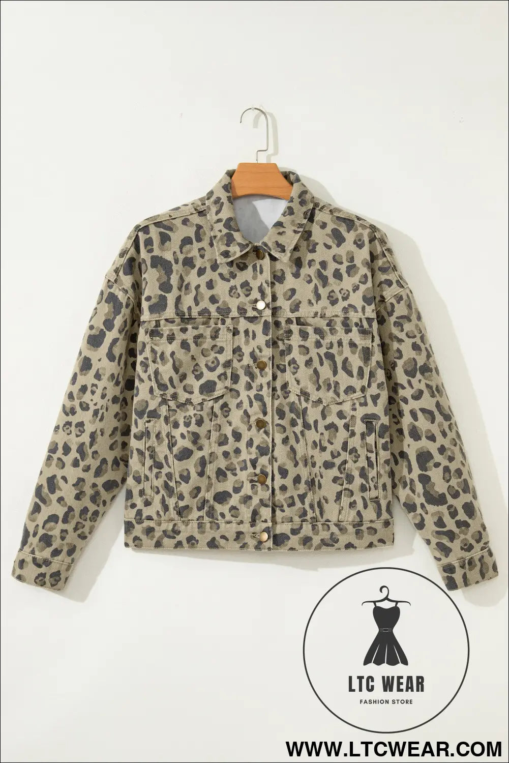 Khaki retro leopard print seam detail button down denim jacket - denim jackets