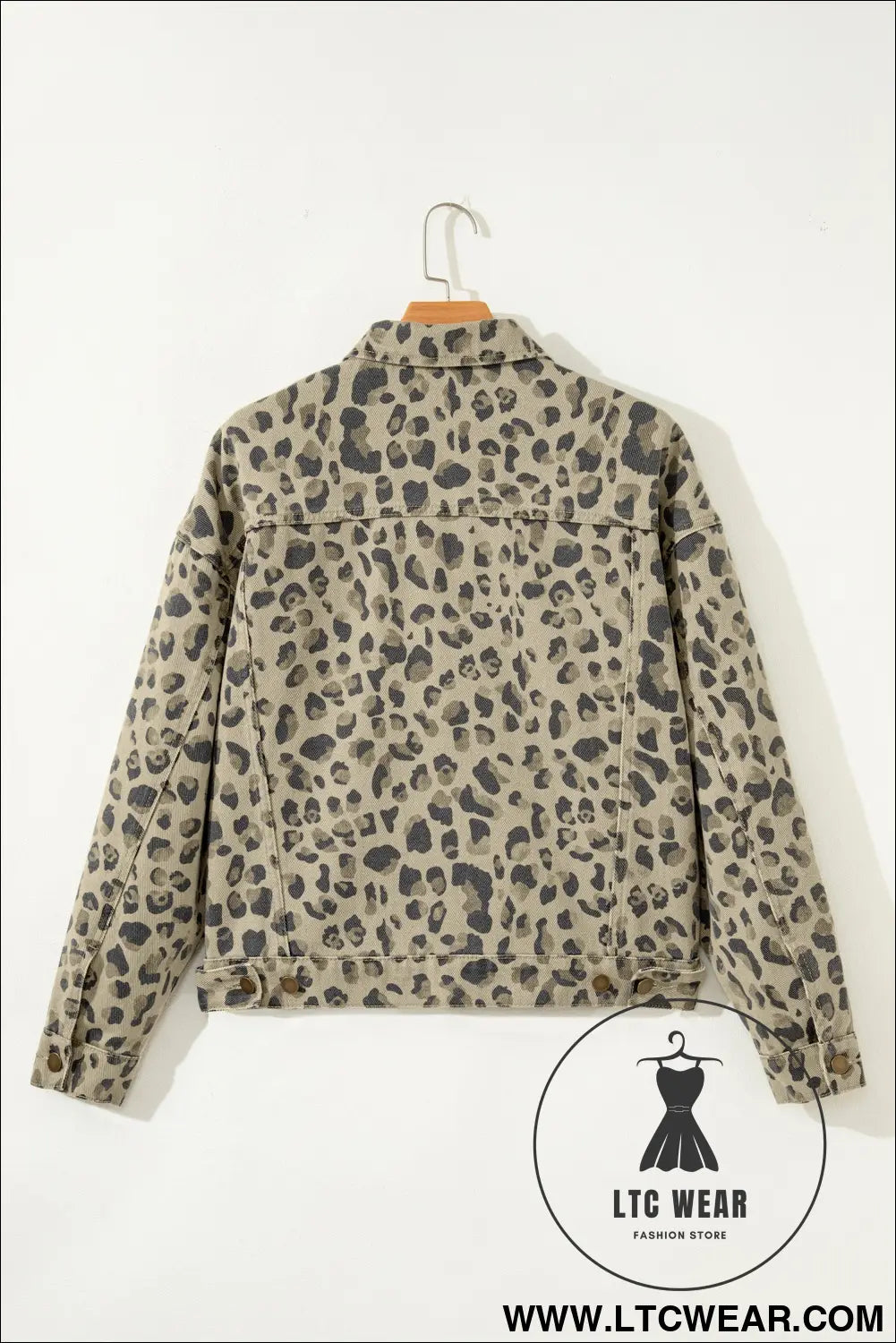 Khaki retro leopard print seam detail button down denim jacket - denim jackets