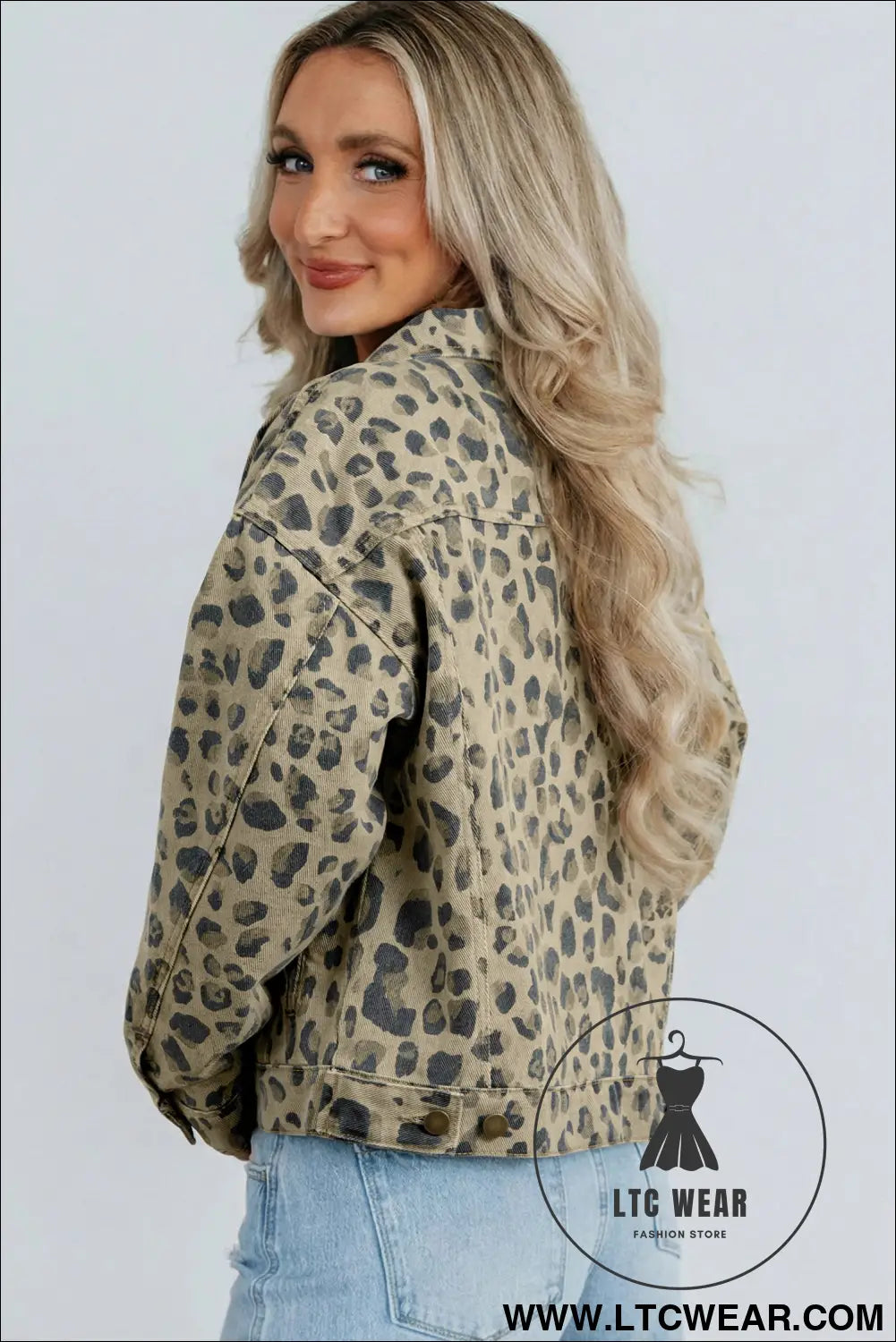 Khaki retro leopard print seam detail button down denim jacket - denim jackets