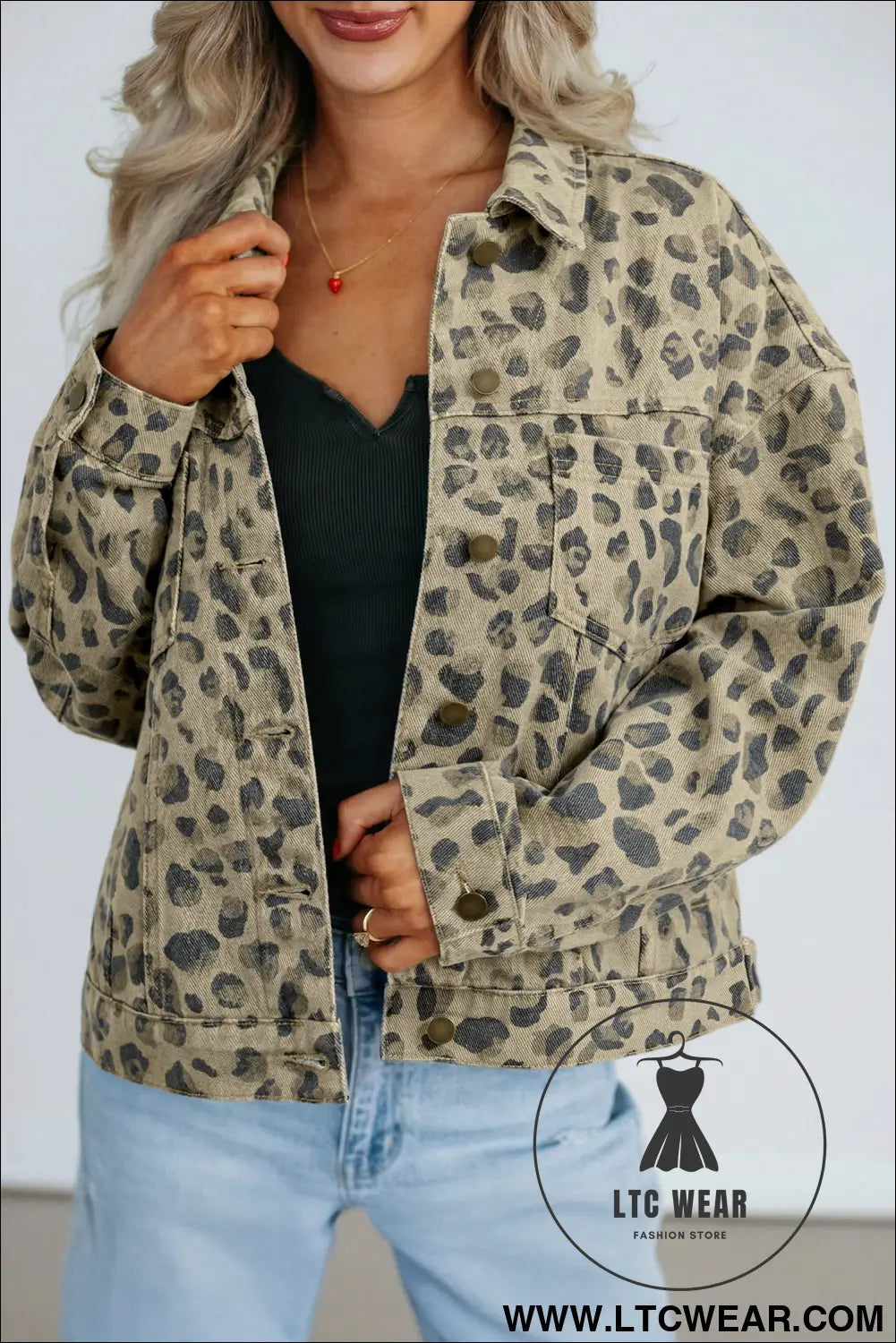 Khaki retro leopard print seam detail button down denim jacket - khaki / l / 60% cotton + 40% polyester - denim jackets