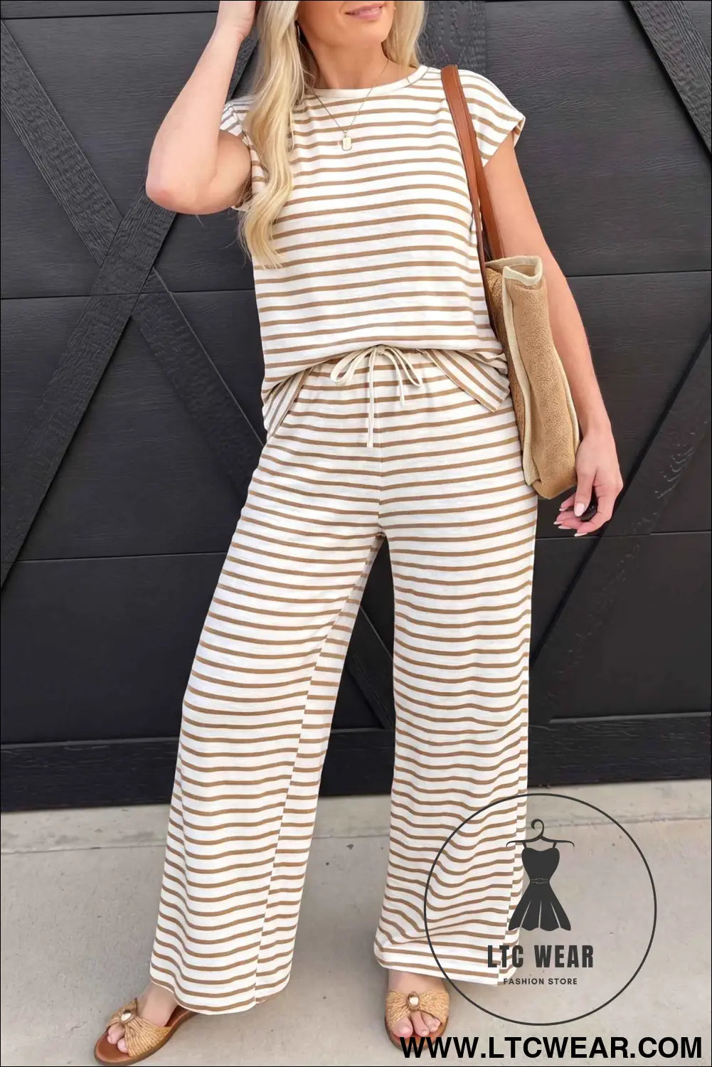 Khaki Stripe Cap Sleeve Tee Drawstring Shift Pants 2pcs Outfit