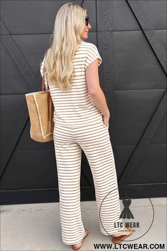 Khaki Stripe Cap Sleeve Tee Drawstring Shift Pants 2pcs Outfit