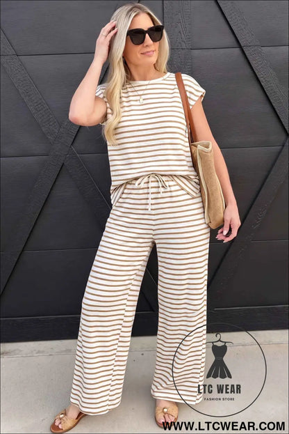 Khaki Stripe Cap Sleeve Tee Drawstring Shift Pants 2pcs Outfit