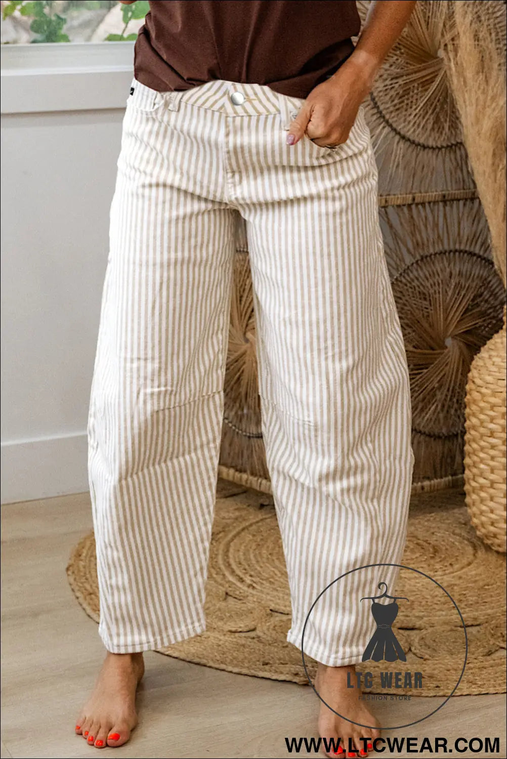 Khaki stripe casual barrel jeans - khaki stripe / 10 / 98% cotton + 2% elastane - jeans