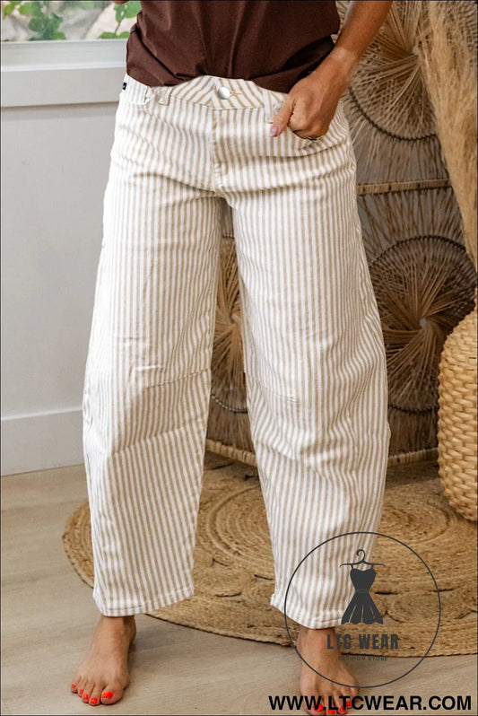 Khaki stripe casual barrel jeans - khaki stripe / 10 / 98% cotton + 2% elastane - jeans