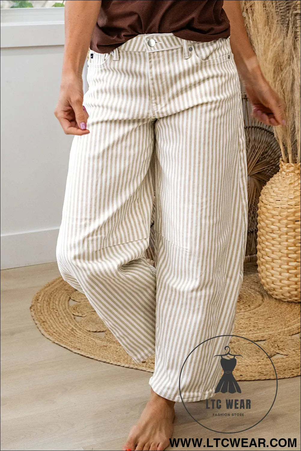 Khaki stripe casual barrel jeans - jeans