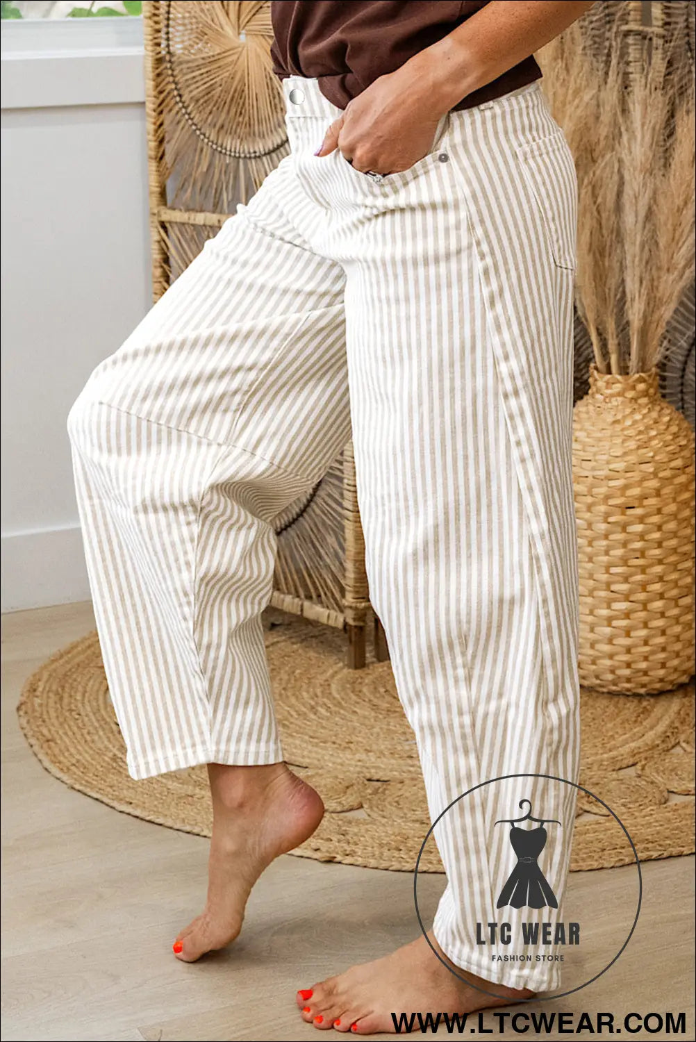 Khaki stripe casual barrel jeans - jeans