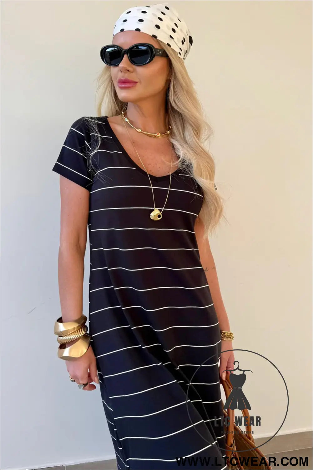 Khaki Stripe Casual Short Sleeve Side Slit Maxi T Shirt Dress - L.T.C Wear Online Fashion Store