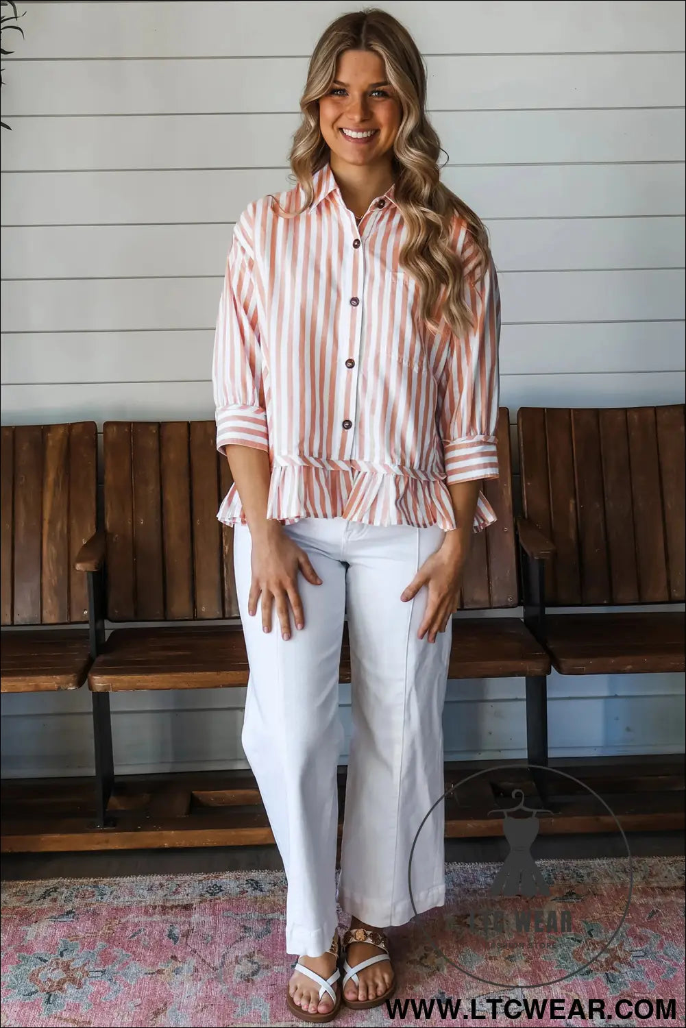 Khaki stripe collar button front bracelet sleeve ruffle hem shirt - blouses & shirts