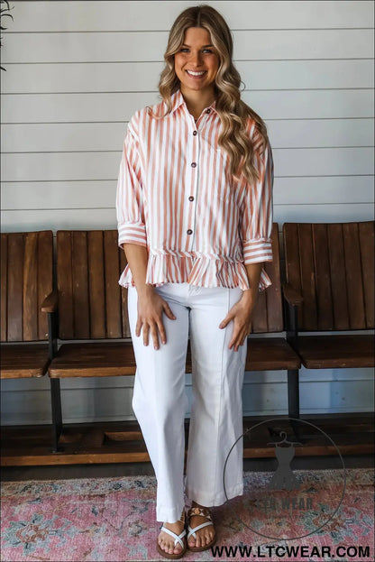 Khaki stripe collar button front bracelet sleeve ruffle hem shirt - blouses & shirts