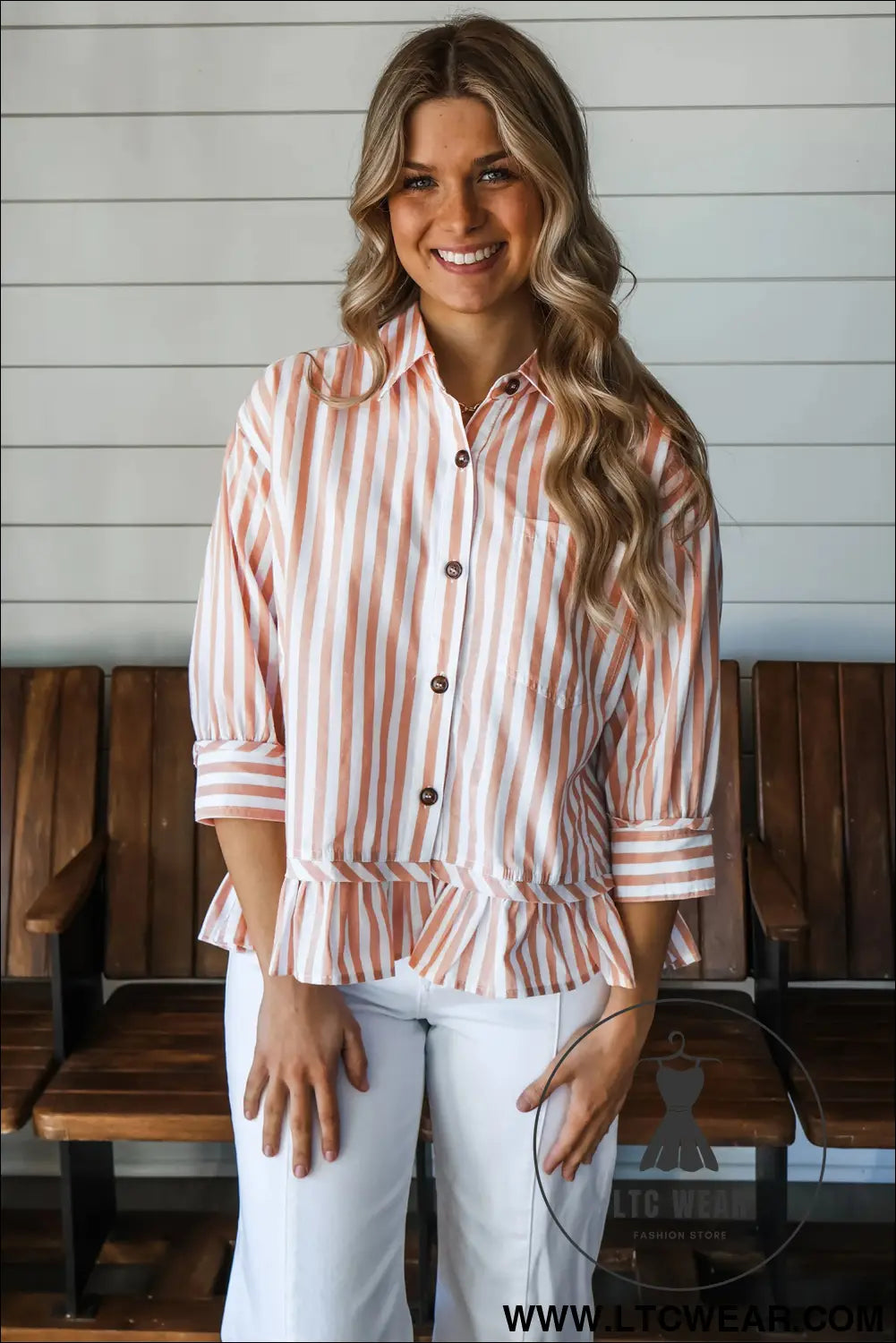 Khaki stripe collar button front bracelet sleeve ruffle hem shirt - blouses & shirts