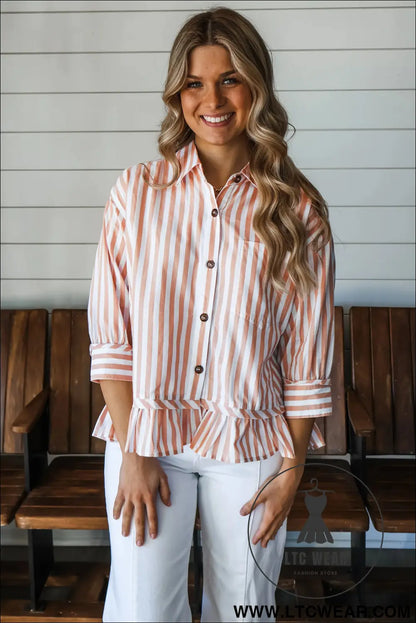 Khaki stripe collar button front bracelet sleeve ruffle hem shirt - blouses & shirts