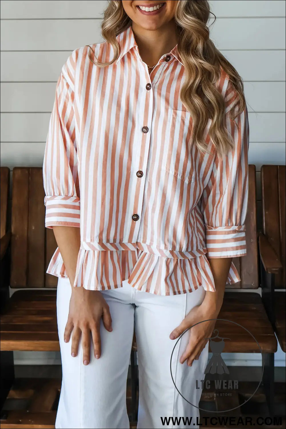 Khaki stripe collar button front bracelet sleeve ruffle hem shirt - blouses & shirts