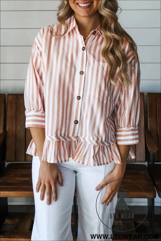 Khaki stripe collar button front bracelet sleeve ruffle hem shirt - blouses & shirts