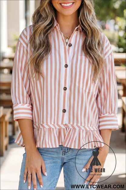 Khaki stripe collar button front bracelet sleeve ruffle hem shirt - khaki stripe / l / 95% polyester + 5% elastane