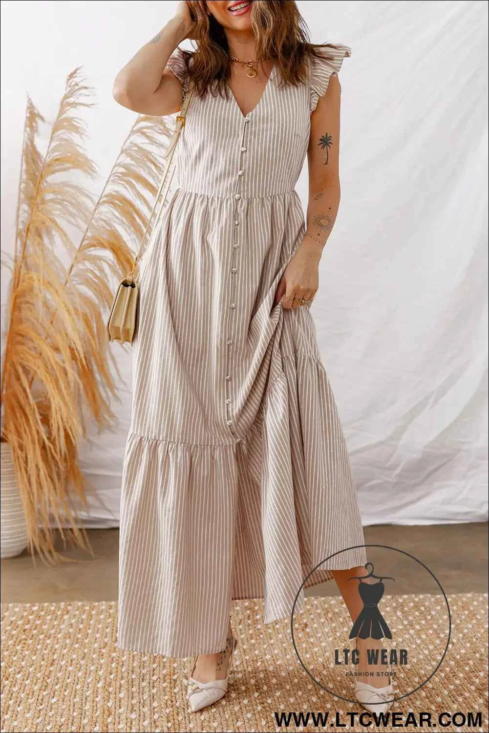 Khaki Stripe Flutter Sleeve Buttoned Front Slit Maxi Dress
