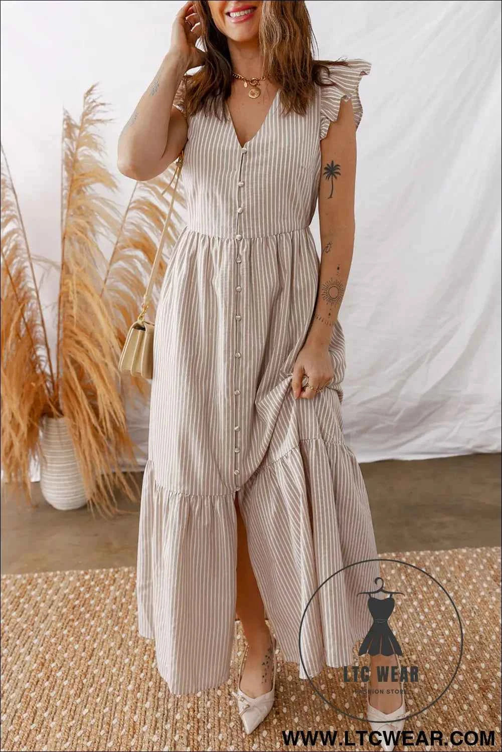 Khaki Stripe Flutter Sleeve Buttoned Front Slit Maxi Dress