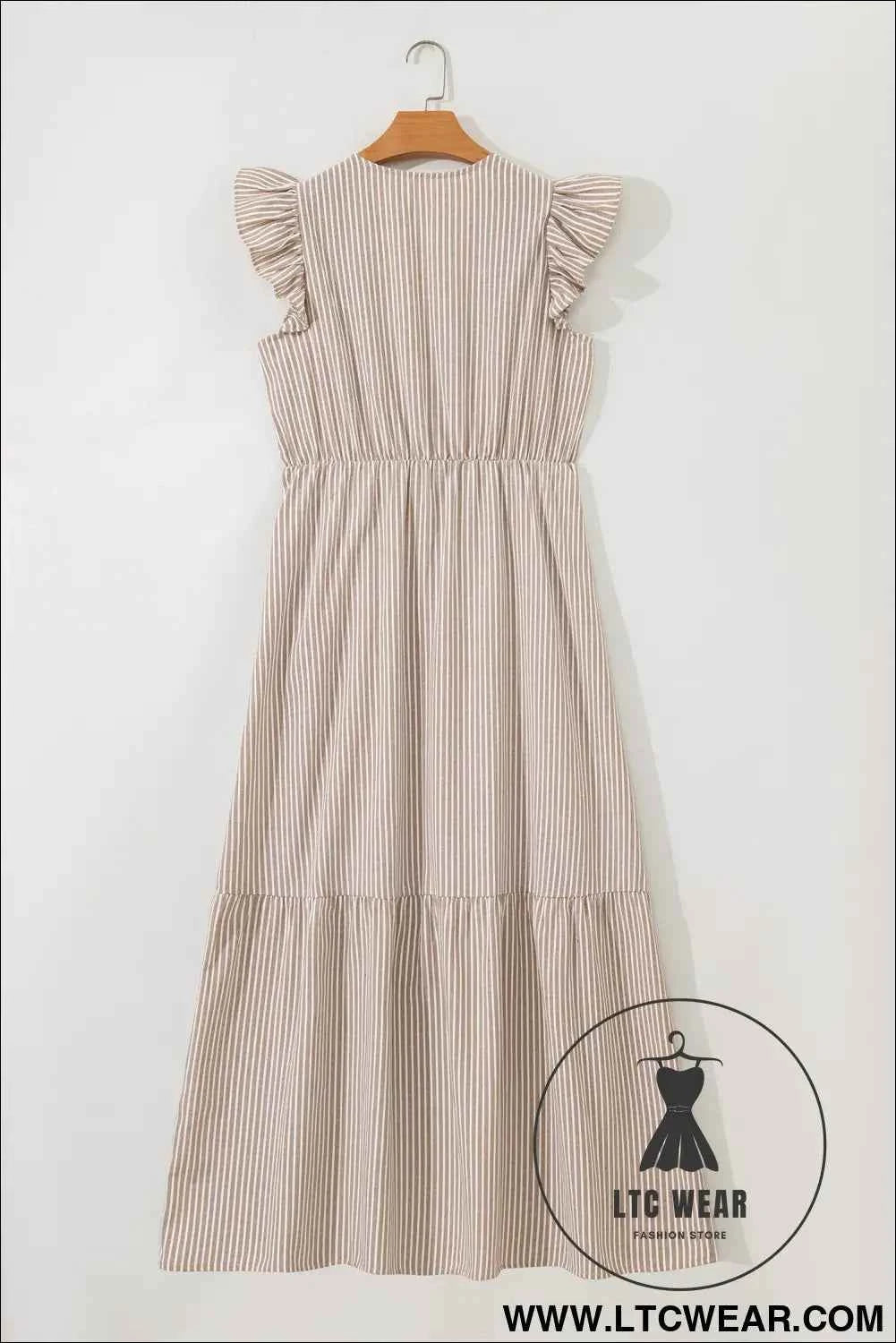 Khaki Stripe Flutter Sleeve Buttoned Front Slit Maxi Dress