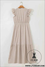Khaki Stripe Flutter Sleeve Buttoned Front Slit Maxi Dress