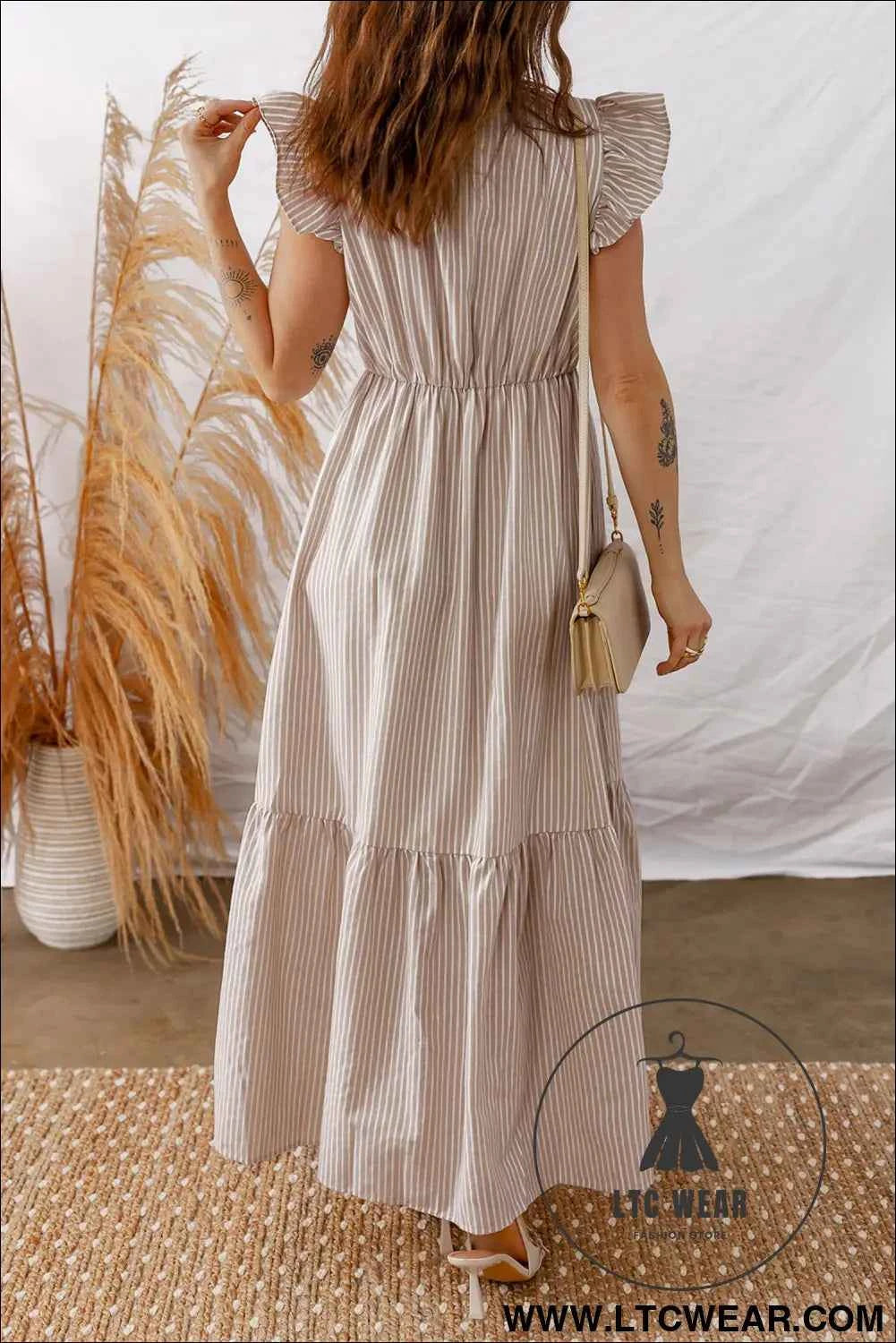 Khaki Stripe Flutter Sleeve Buttoned Front Slit Maxi Dress