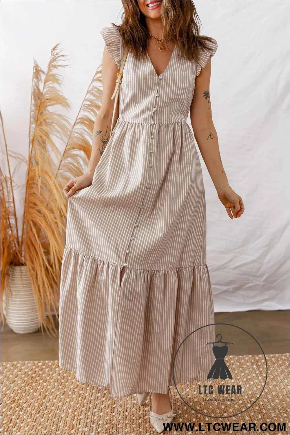 Khaki Stripe Flutter Sleeve Buttoned Front Slit Maxi Dress