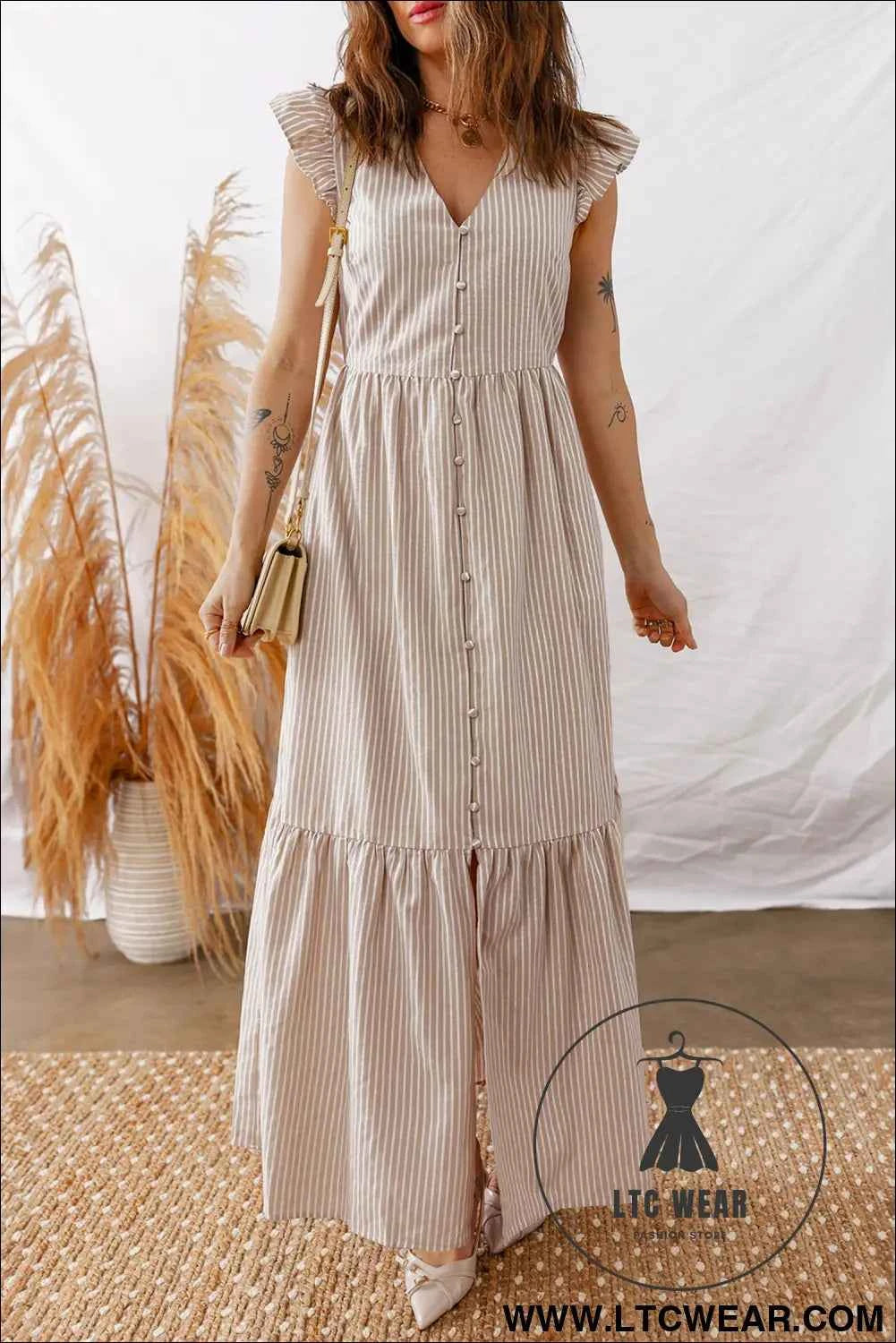 Khaki Stripe Flutter Sleeve Buttoned Front Slit Maxi Dress