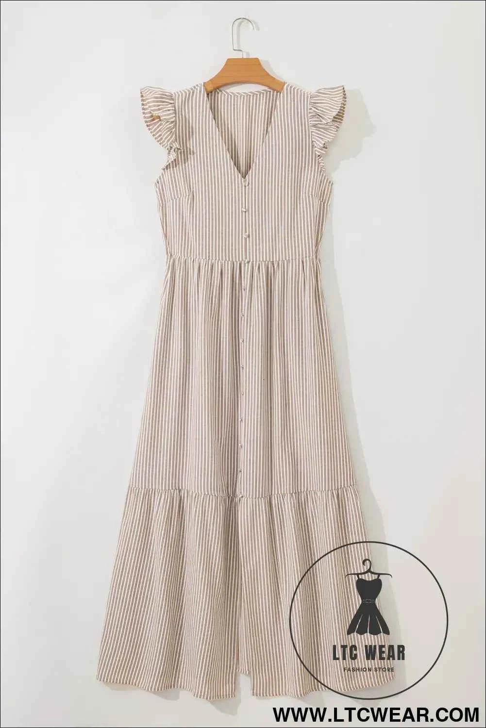 Khaki Stripe Flutter Sleeve Buttoned Front Slit Maxi Dress