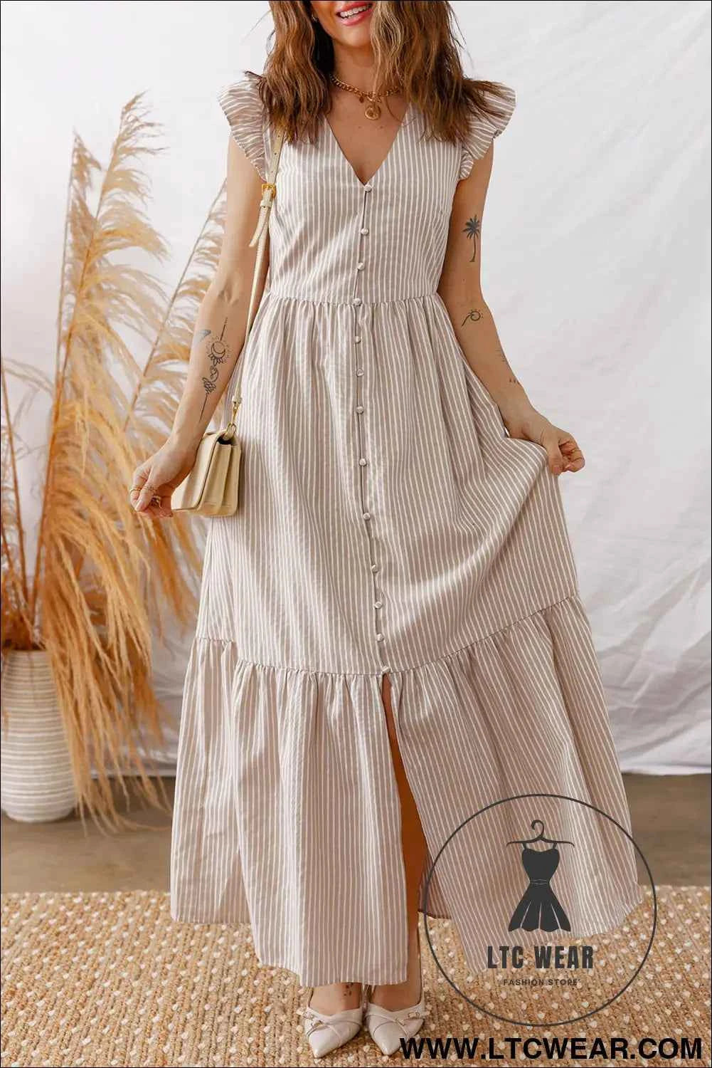 Khaki Stripe Flutter Sleeve Buttoned Front Slit Maxi Dress