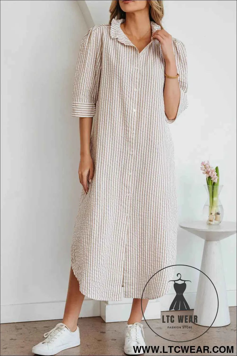Khaki Stripe Frilled Collar Half Sleeve Shirt Maxi Dress