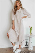 Khaki Stripe Frilled Collar Half Sleeve Shirt Maxi Dress