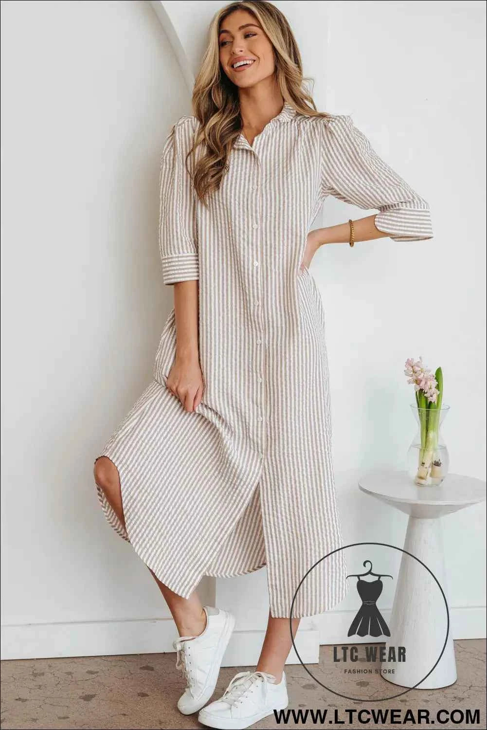 Khaki Stripe Frilled Collar Half Sleeve Shirt Maxi Dress