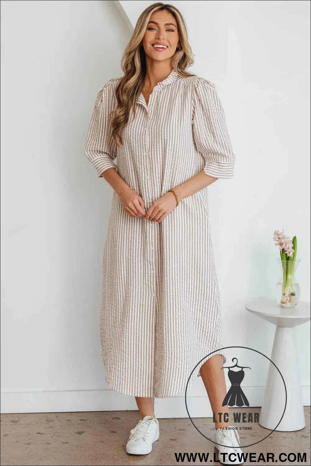 Khaki Stripe Frilled Collar Half Sleeve Shirt Maxi Dress