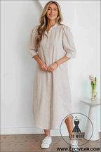 Khaki Stripe Frilled Collar Half Sleeve Shirt Maxi Dress
