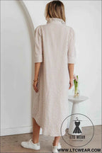 Khaki Stripe Frilled Collar Half Sleeve Shirt Maxi Dress