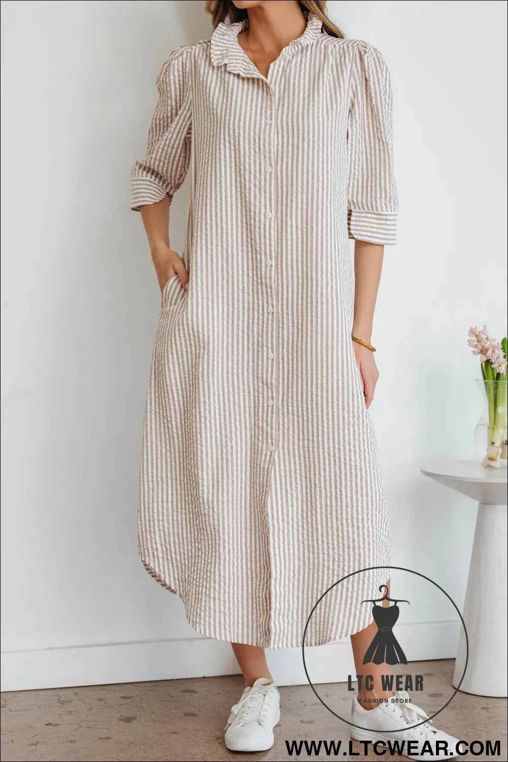 Khaki Stripe Frilled Collar Half Sleeve Shirt Maxi Dress