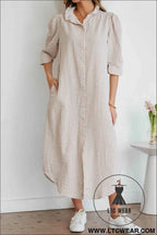 Khaki Stripe Frilled Collar Half Sleeve Shirt Maxi Dress