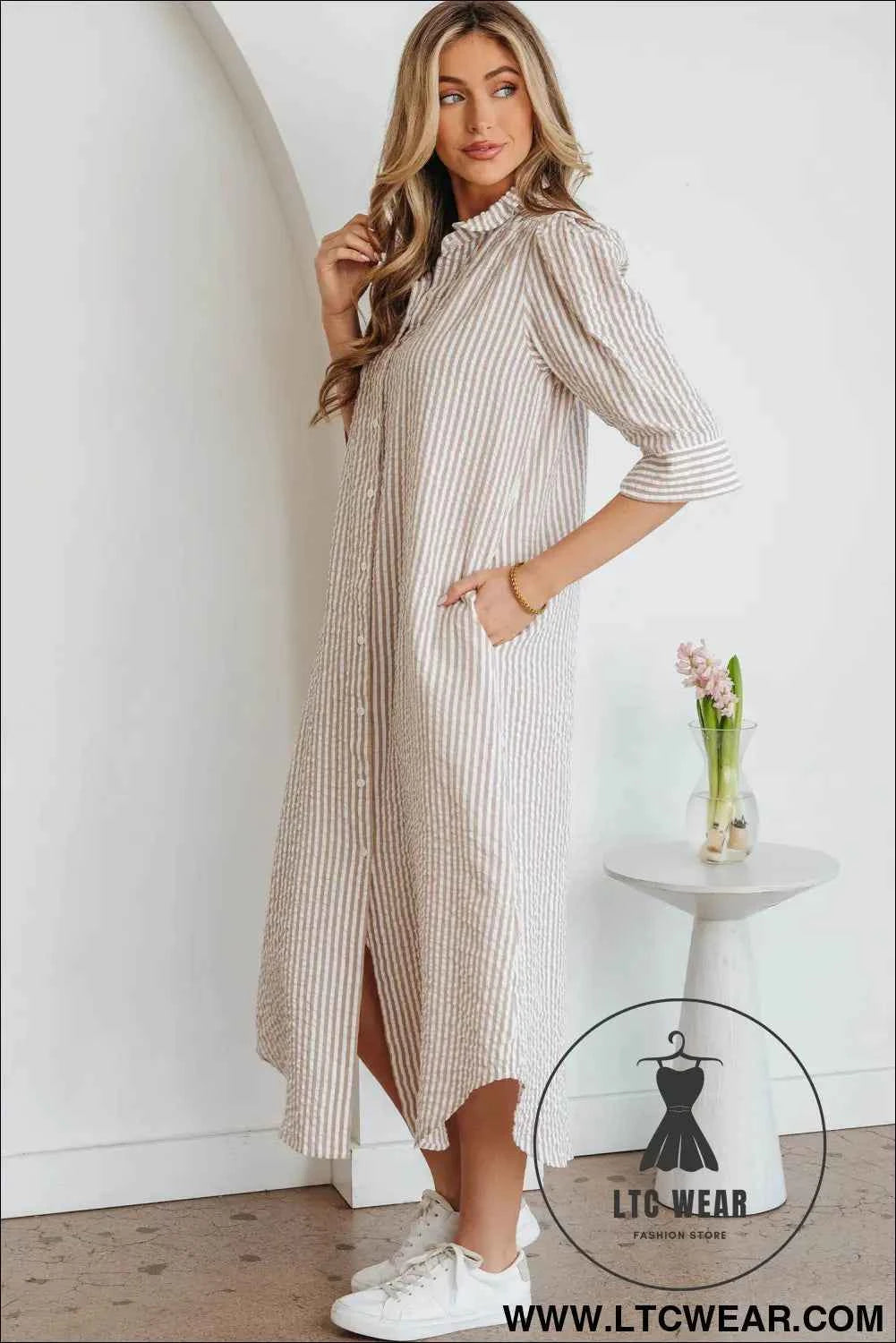 Khaki Stripe Frilled Collar Half Sleeve Shirt Maxi Dress