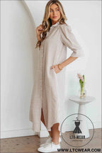 Khaki Stripe Frilled Collar Half Sleeve Shirt Maxi Dress