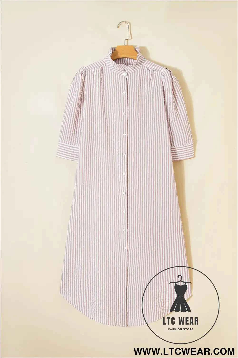 Khaki Stripe Frilled Collar Half Sleeve Shirt Maxi Dress