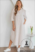 Khaki Stripe Frilled Collar Half Sleeve Shirt Maxi Dress
